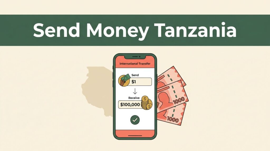 Smartphone transfer screen beside Tanzanian shilling notes and a Tanzania map.