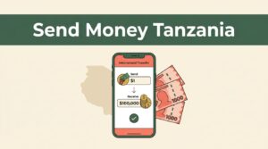 Smartphone transfer screen beside Tanzanian shilling notes and a Tanzania map.