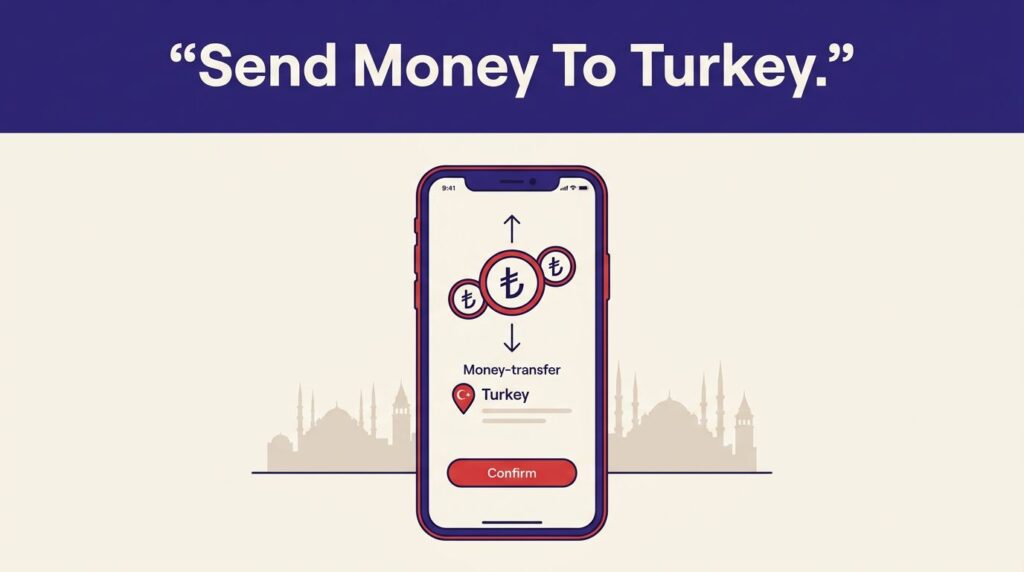 Smartphone displaying a Turkish lira transfer confirmation beside an Istanbul skyline.