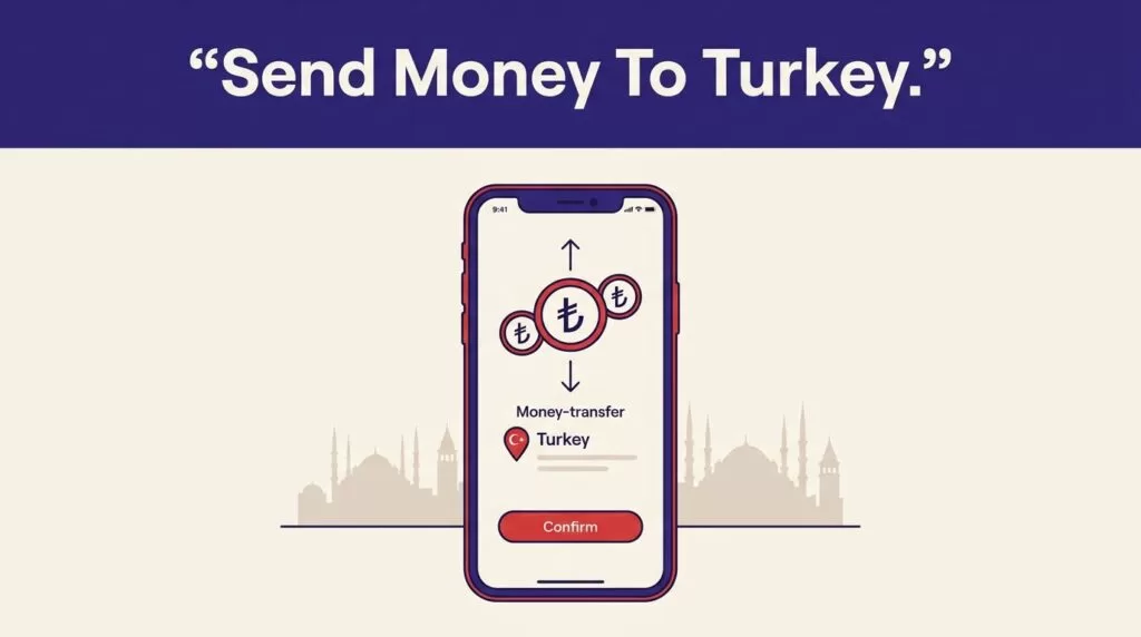 Smartphone displaying a Turkish lira transfer confirmation beside an Istanbul skyline.