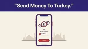 Smartphone displaying a Turkish lira transfer confirmation beside an Istanbul skyline.