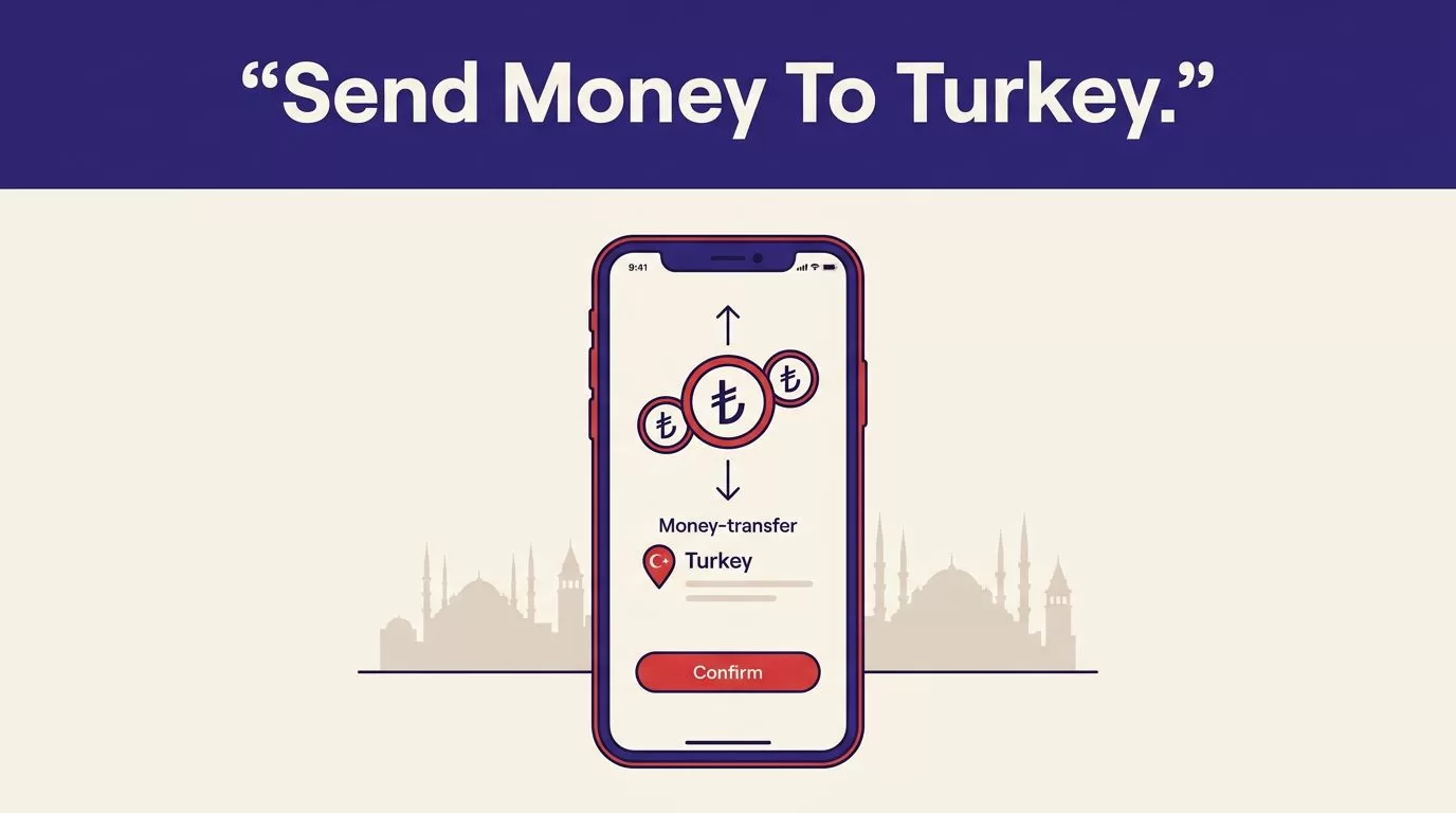 Smartphone displaying a Turkish lira transfer confirmation beside an Istanbul skyline.