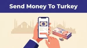 A phone showing a money transfer beside Turkish lira and an Istanbul skyline.
