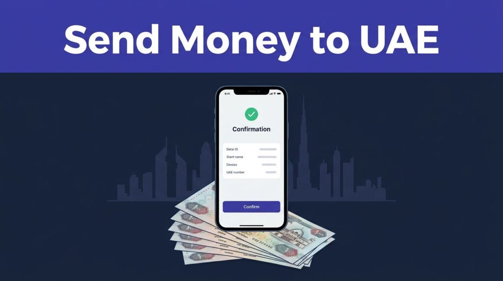 Smartphone showing a money transfer confirmation above UAE dirham notes and a Dubai skyline.