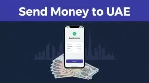 Smartphone showing a money transfer confirmation above UAE dirham notes and a Dubai skyline.