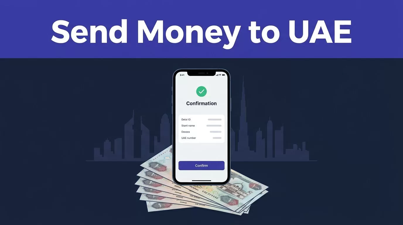 Smartphone showing a money transfer confirmation above UAE dirham notes and a Dubai skyline.