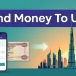 A phone and AED banknote beside a transfer arrow pointing toward Dubai’s skyline.
