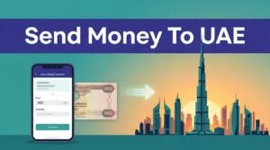 A phone and AED banknote beside a transfer arrow pointing toward Dubai’s skyline.