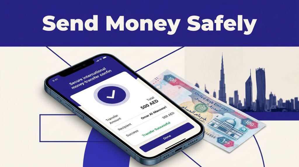 A smartphone confirms a money transfer beside a UAE dirham note and Dubai skyline.