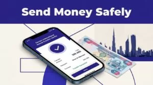 A smartphone confirms a money transfer beside a UAE dirham note and Dubai skyline.