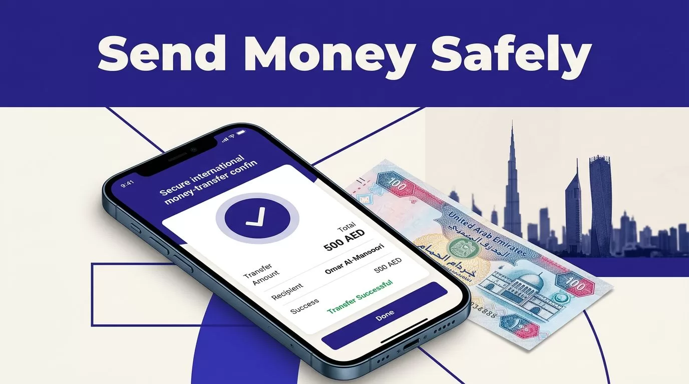A smartphone confirms a money transfer beside a UAE dirham note and Dubai skyline.