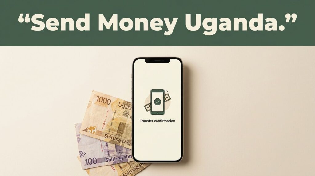 A smartphone and Ugandan shilling notes beneath a green money transfer banner.