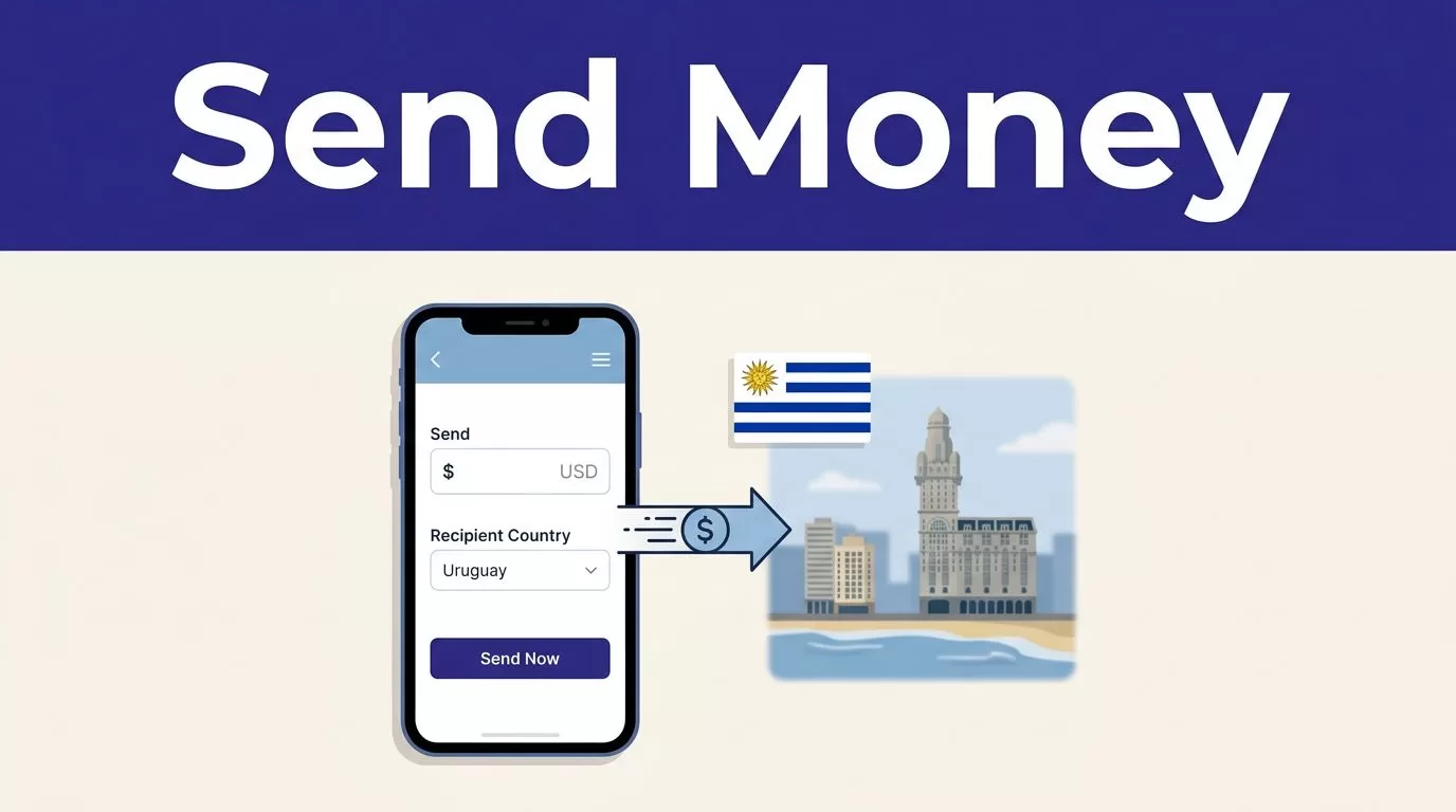 Smartphone showing a money transfer beside a Uruguay flag and Montevideo skyline.