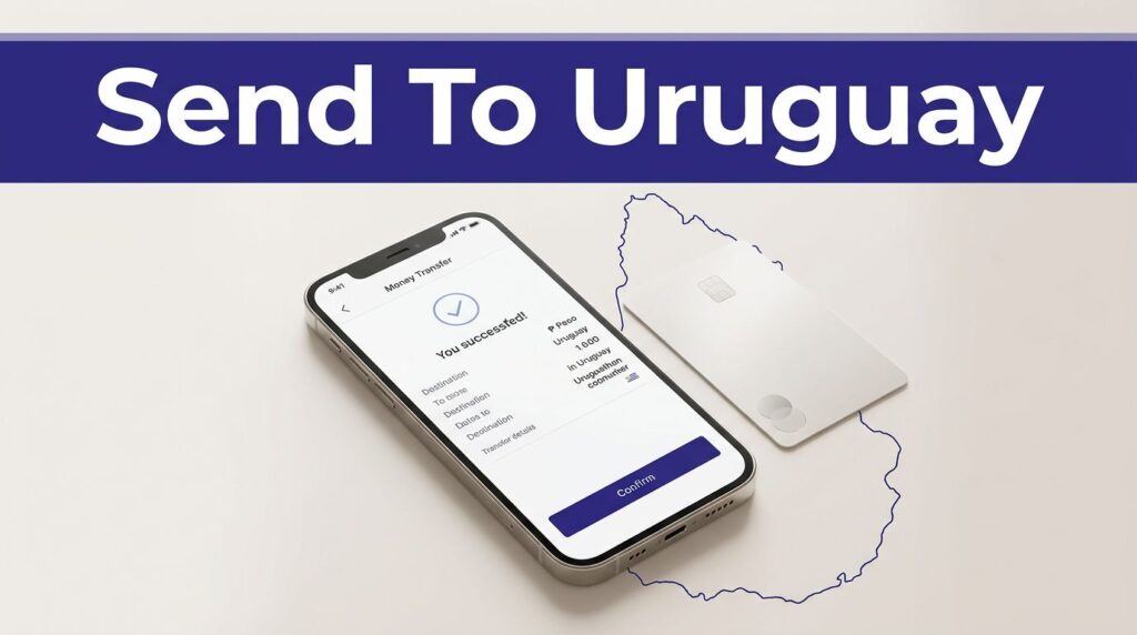 A smartphone showing a money transfer beside a bank card and Uruguay map outline.