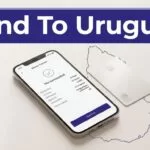 A smartphone showing a money transfer beside a bank card and Uruguay map outline.
