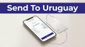 A smartphone showing a money transfer beside a bank card and Uruguay map outline.