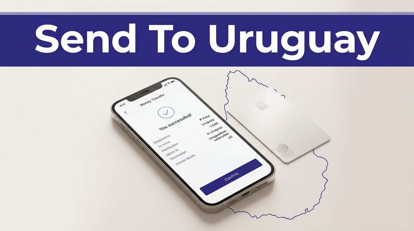 A smartphone showing a money transfer beside a bank card and Uruguay map outline.