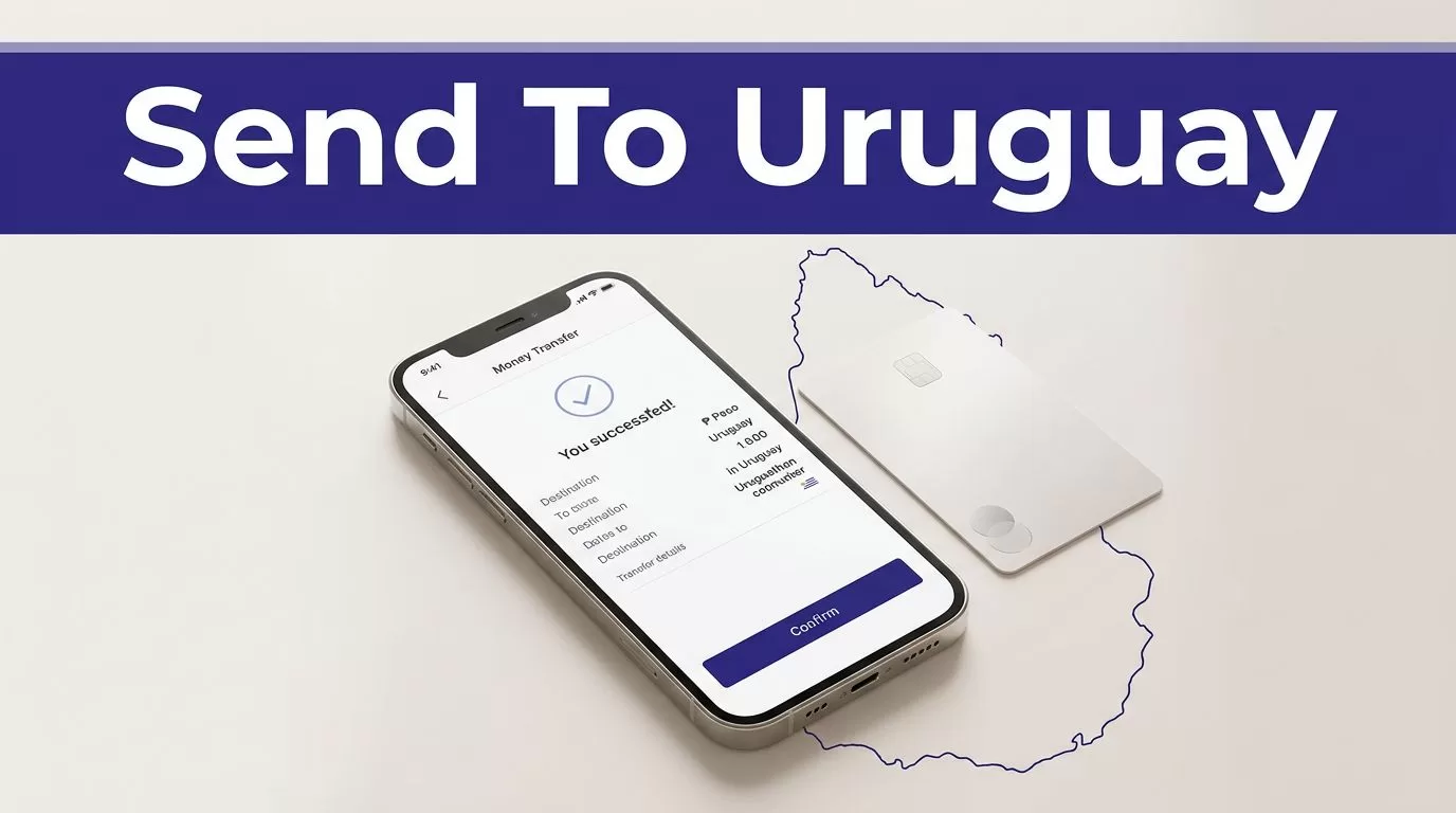 A smartphone showing a money transfer beside a bank card and Uruguay map outline.