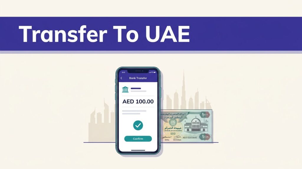 Smartphone showing an AED transfer confirmation beside a UAE dirham banknote.