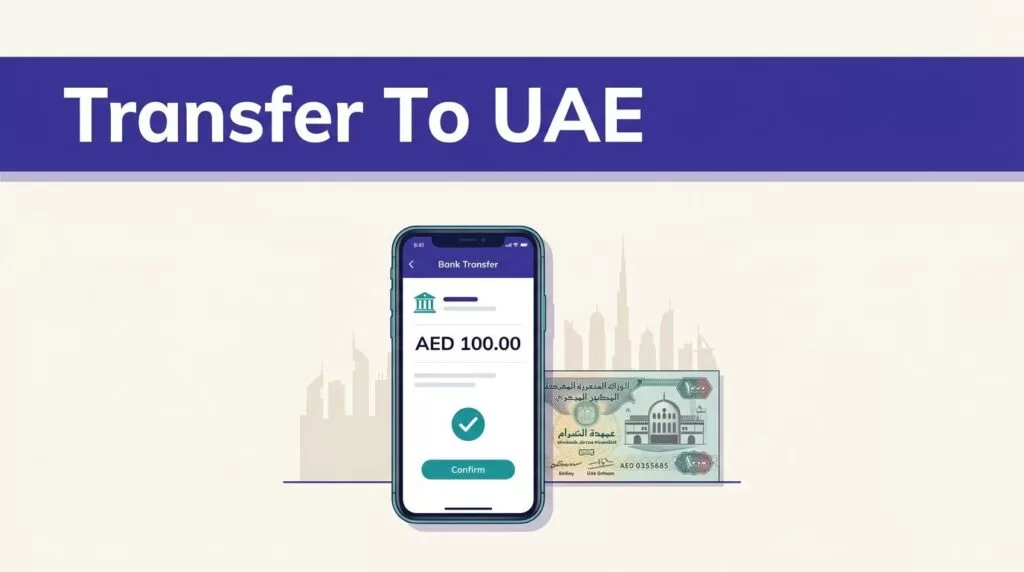 Smartphone showing an AED transfer confirmation beside a UAE dirham banknote.