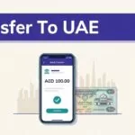 Smartphone showing an AED transfer confirmation beside a UAE dirham banknote.