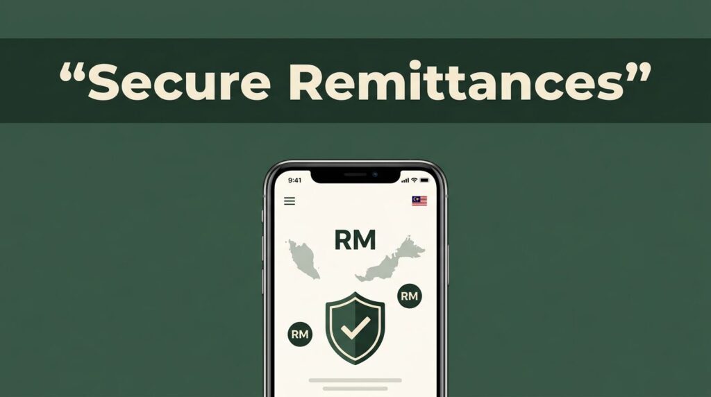 Smartphone showing a secure Malaysian money transfer interface with a shield icon.