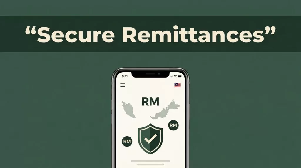 Smartphone showing a secure Malaysian money transfer interface with a shield icon.