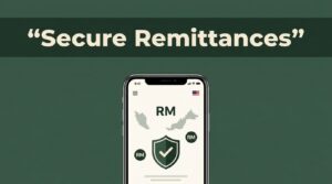 Smartphone showing a secure Malaysian money transfer interface with a shield icon.