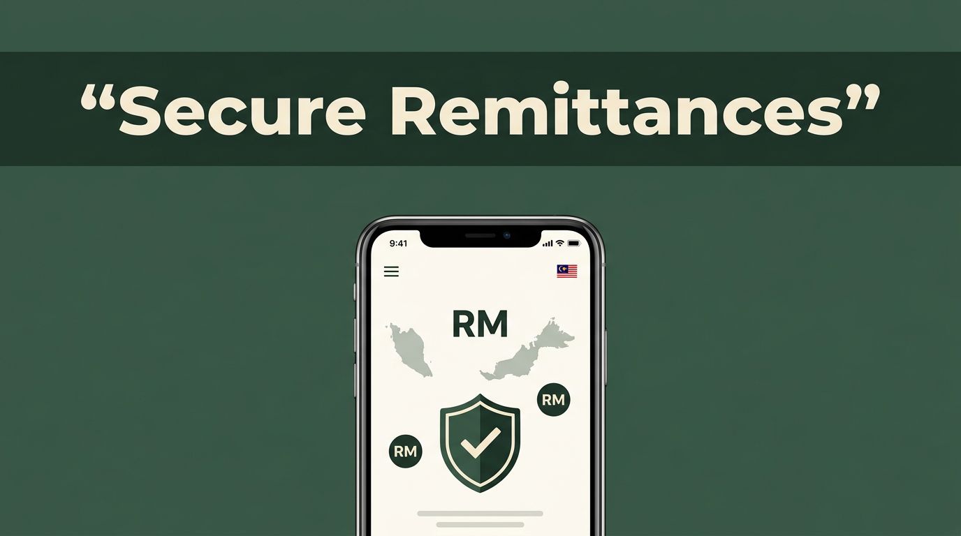 Smartphone showing a secure Malaysian money transfer interface with a shield icon.
