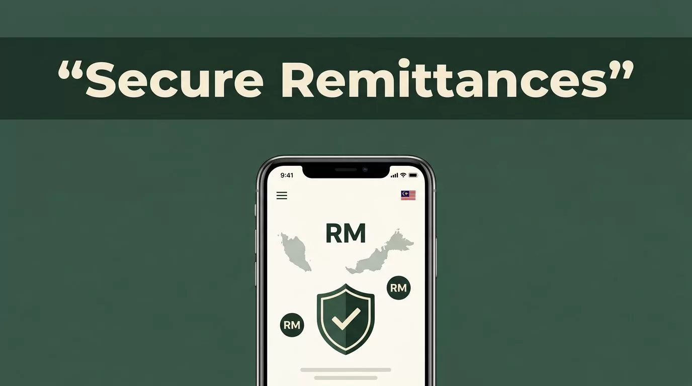 Smartphone showing a secure Malaysian money transfer interface with a shield icon.