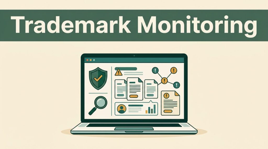 Laptop showing a trademark dashboard with alerts beneath a green headline banner.