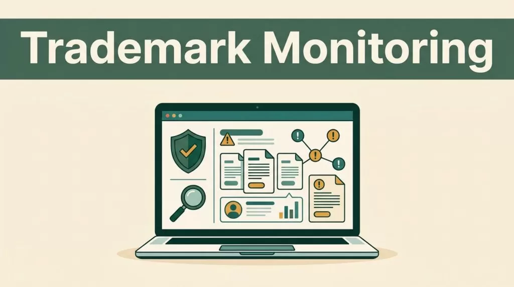 Laptop showing a trademark dashboard with alerts beneath a green headline banner.