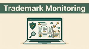 Laptop showing a trademark dashboard with alerts beneath a green headline banner.