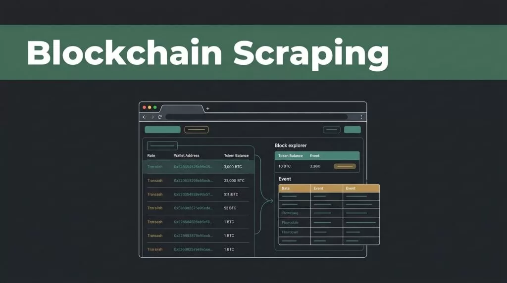 Browser dashboard showing blockchain transactions, wallet addresses, balances, and event data.