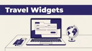 Laptop showing a travel search widget beside a passport, boarding pass, and globe.