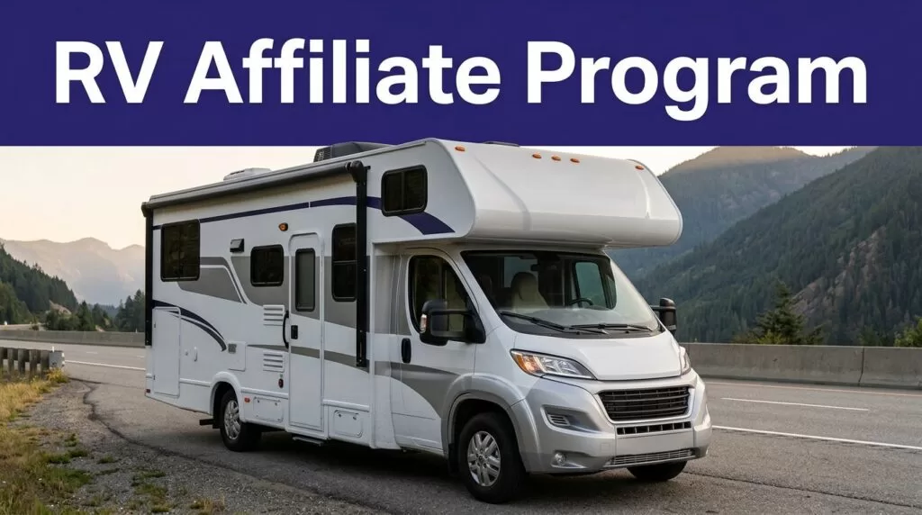 A white-and-silver RV beside a mountain highway under an indigo “RV Affiliate Program” banner.