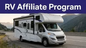 A white-and-silver RV beside a mountain highway under an indigo “RV Affiliate Program” banner.