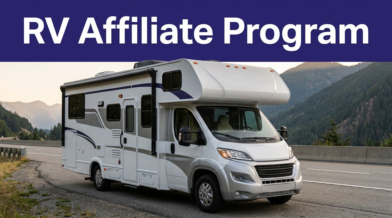 A white-and-silver RV beside a mountain highway under an indigo “RV Affiliate Program” banner.