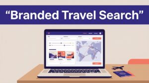 Laptop showing a flight search beside a passport and airplane silhouette.