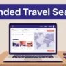 Laptop showing a flight search beside a passport and airplane silhouette.