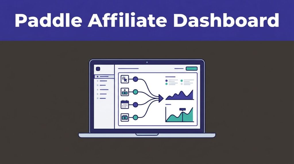 Laptop showing an affiliate analytics dashboard with clicks, commissions, subscriptions, and payouts.
