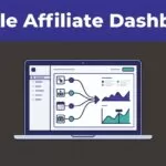 Laptop showing an affiliate analytics dashboard with clicks, commissions, subscriptions, and payouts.