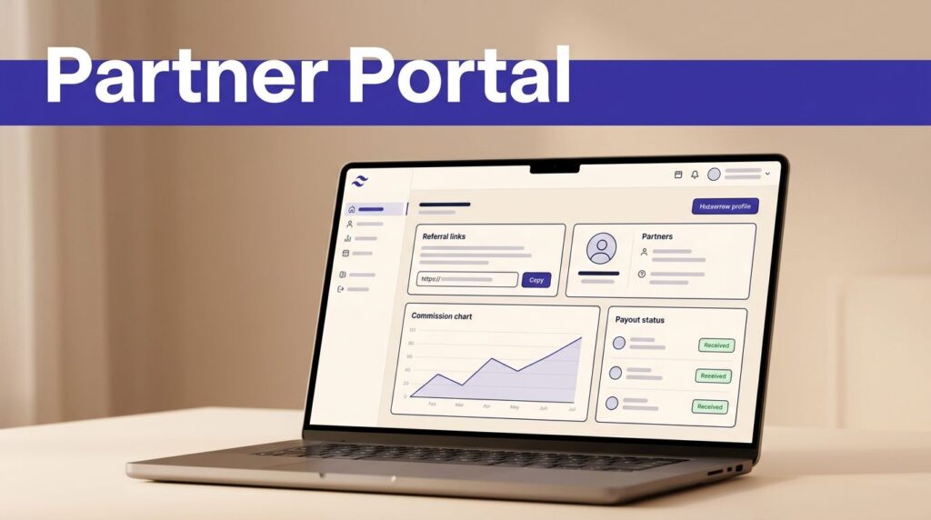 Laptop showing a partner portal dashboard with charts, referral details, and payout cards.