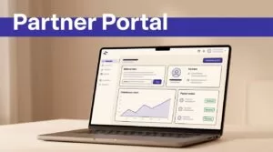 Laptop showing a partner portal dashboard with charts, referral details, and payout cards.