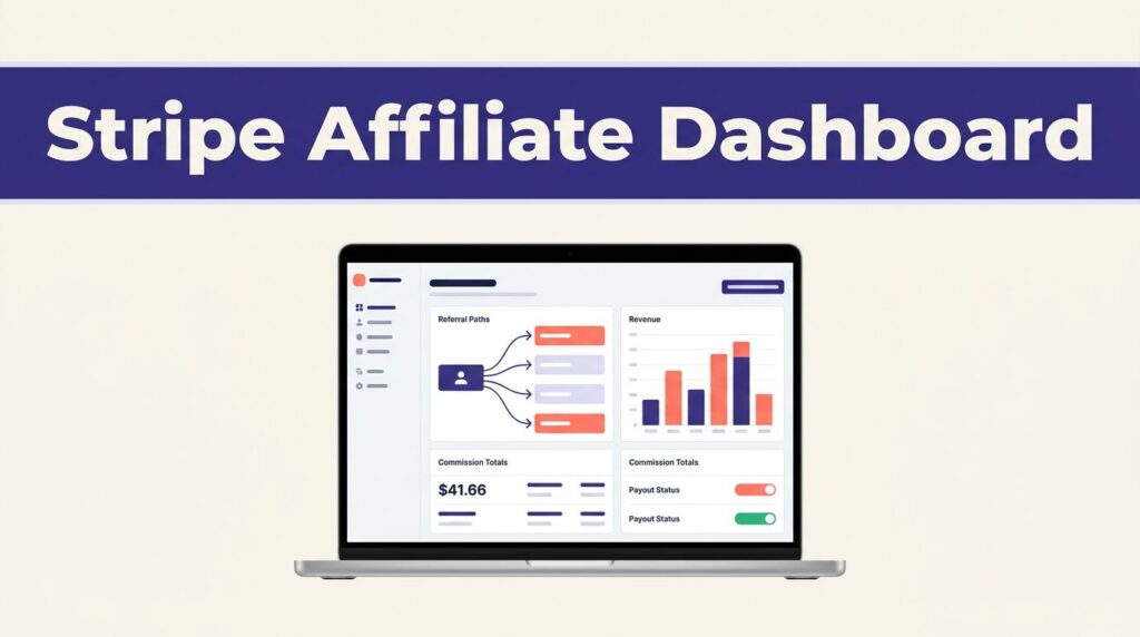 Laptop showing an affiliate dashboard beneath an indigo headline band.