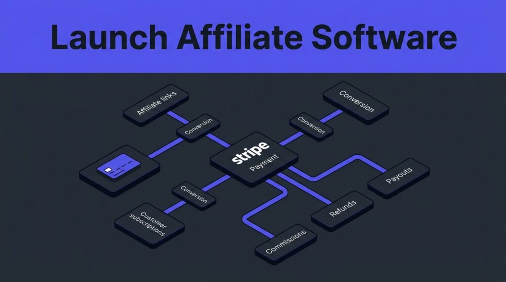 Indigo payment connections link affiliates, subscriptions, commissions, refunds, and payouts on a dark dashboard.