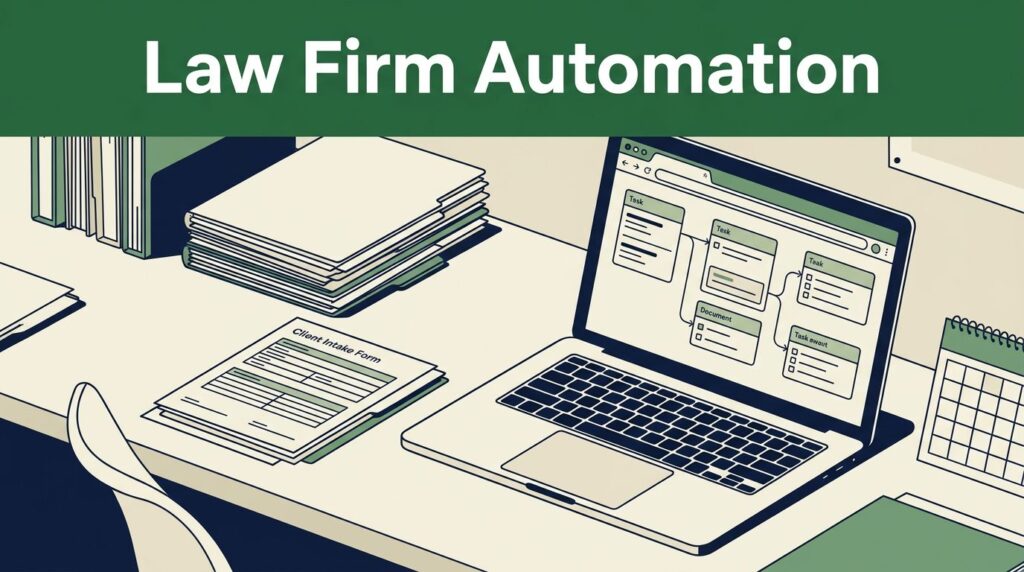 Legal folders, intake forms, and a laptop show an organized automated workflow.