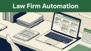 Legal folders, intake forms, and a laptop show an organized automated workflow.