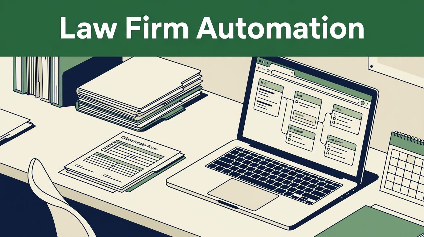 Legal folders, intake forms, and a laptop show an organized automated workflow.