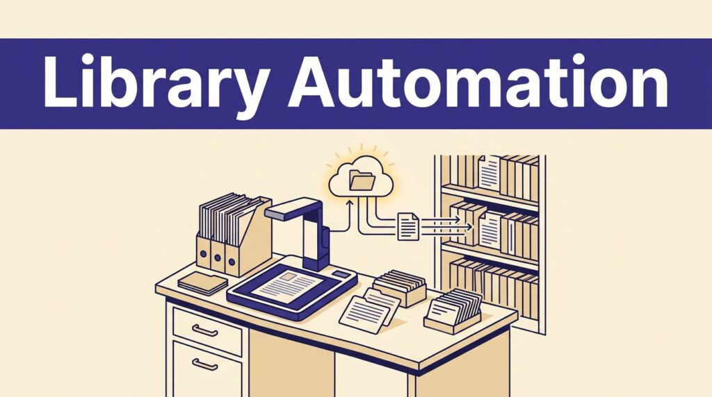 A digitization desk connects scanned files and metadata to organized library shelves.